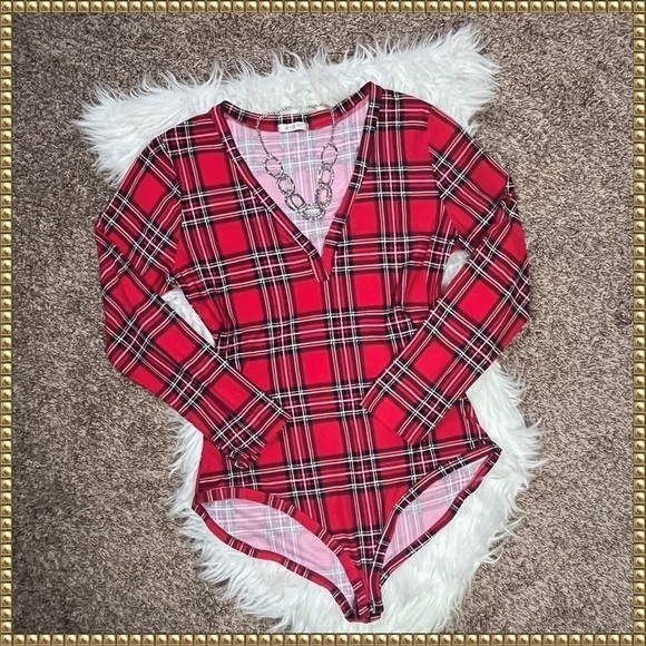 LA Gypsy Tops - LA Gypsy Red Plaid V Neck Long Sleeve Bodysuit Plus Size 1X